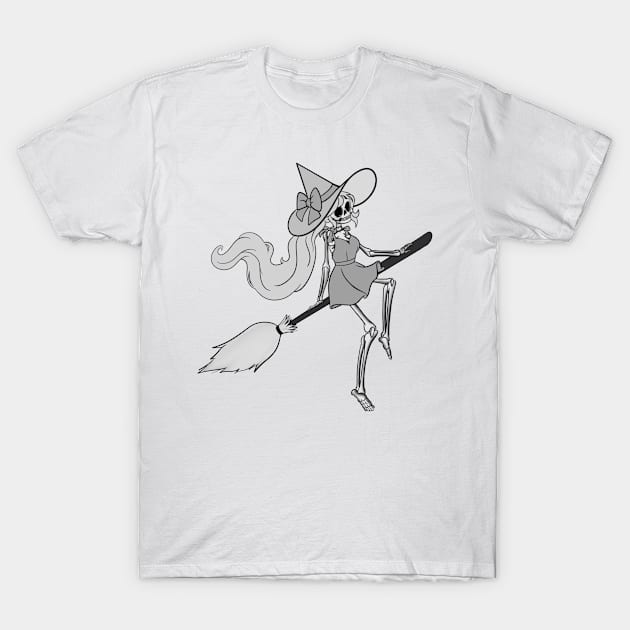 Skeleton witch on broom T-Shirt by JackDraws88